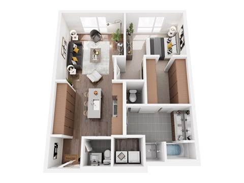 Floor plan for 1 bed, 2 baths, 1205 sqft